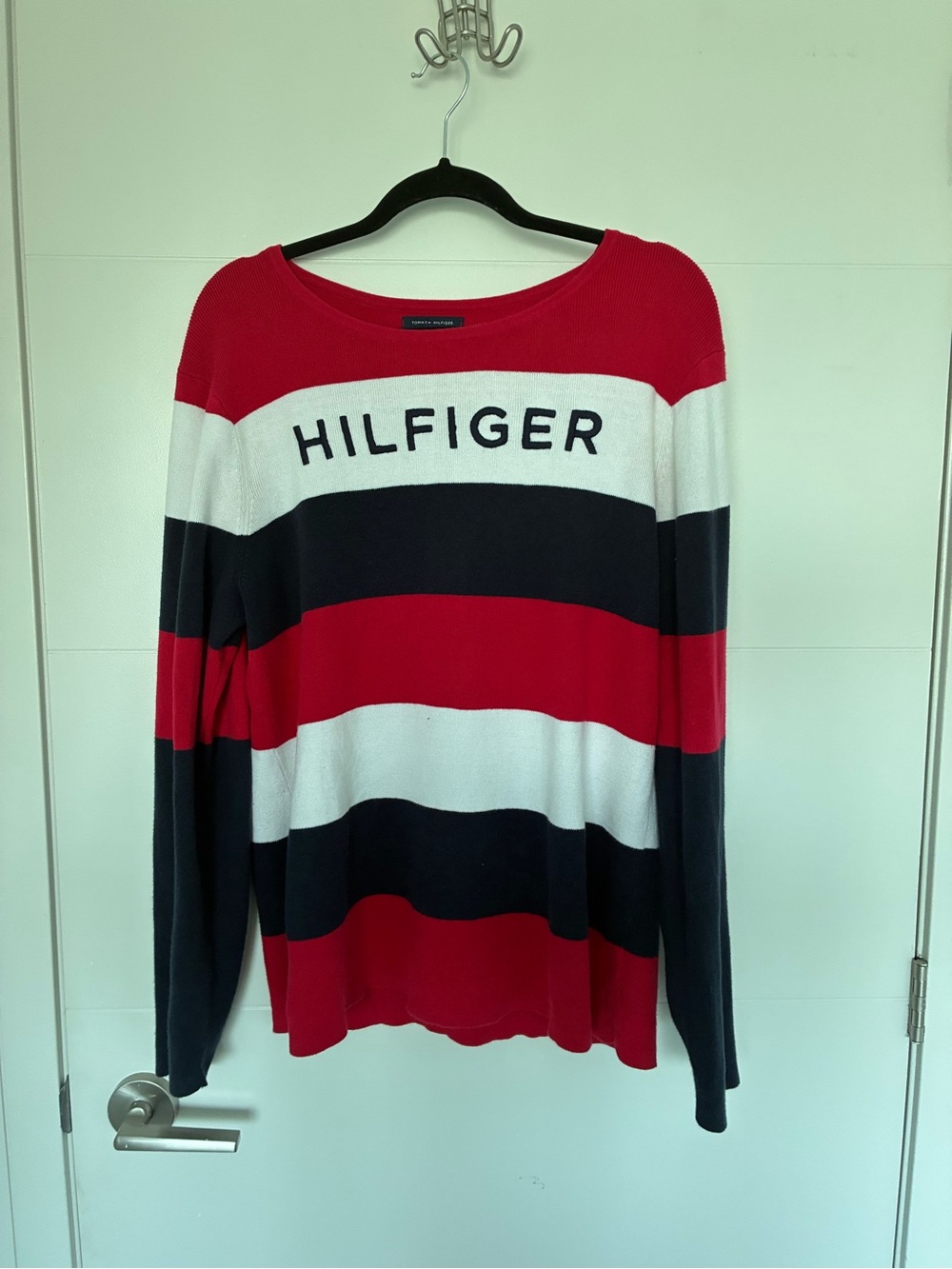 Vintage Tommy Hilfiger Red White & Navy Logo Stripe Sweater